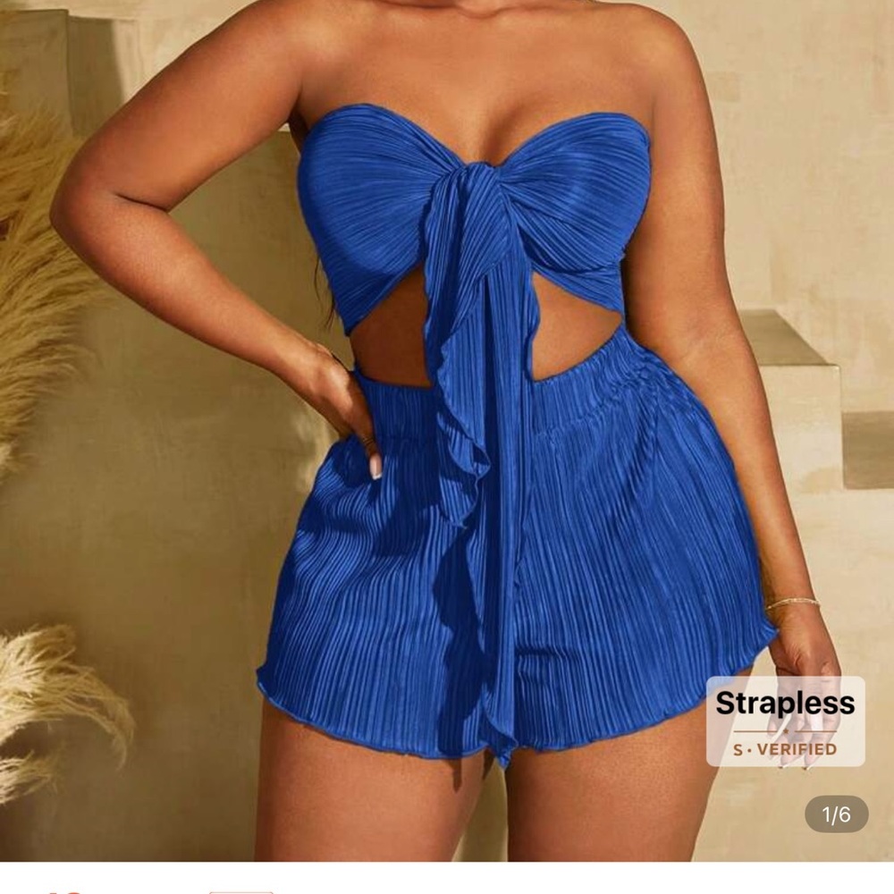Blue Strapless Pleated Romper